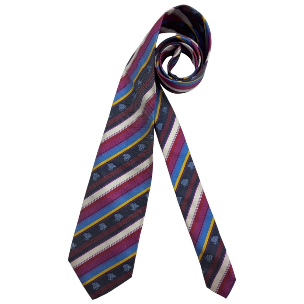 VERSACE Blue/Red Striped Monogrammed Medusa Silk LUXURY Tie ITALY